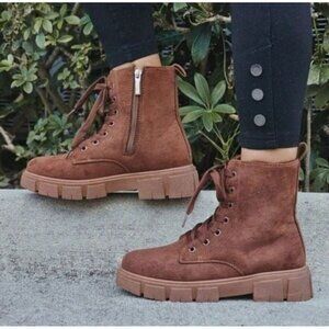 Womens Suede Brown Combat Ankle Boots Lace Up Heeled